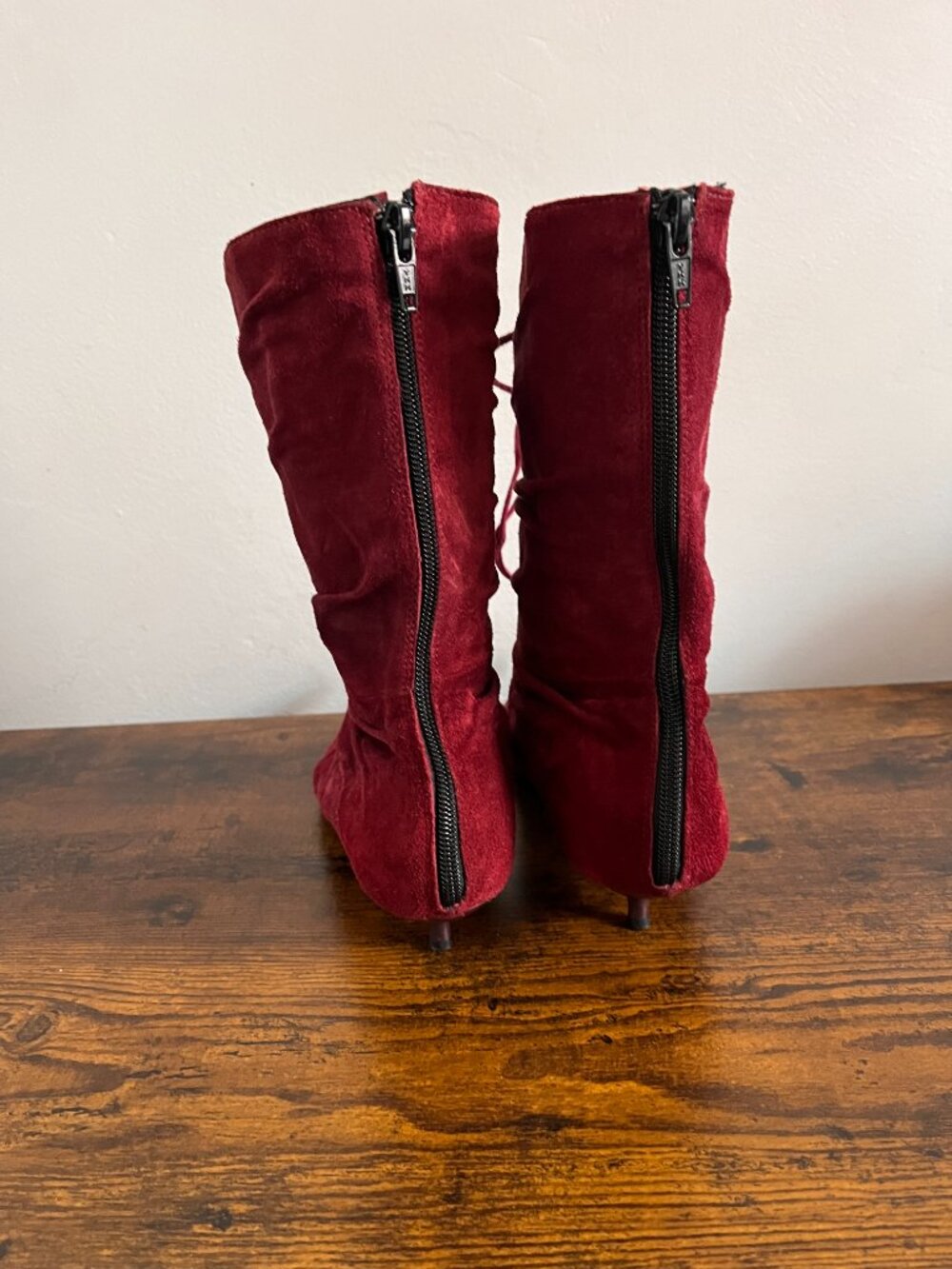 Planisphere Red Suede Ruched Kitten Heel Boots - Picture 3 of 5